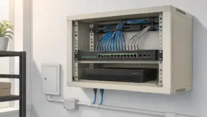 PoE-коммутатор для видеонаблюдения в настенном сетевом шкафу — Ethernet-кабели подключены к портам, видеорегистратор на полке ниже