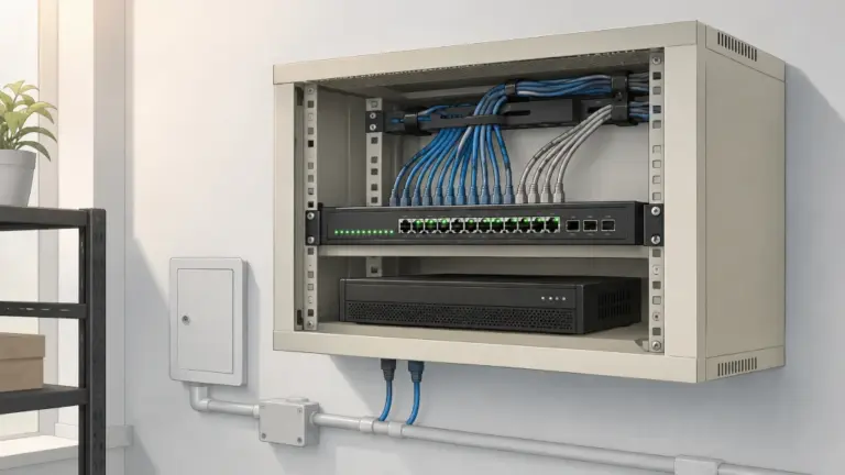 PoE-коммутатор для видеонаблюдения в настенном сетевом шкафу — Ethernet-кабели подключены к портам, видеорегистратор на полке ниже